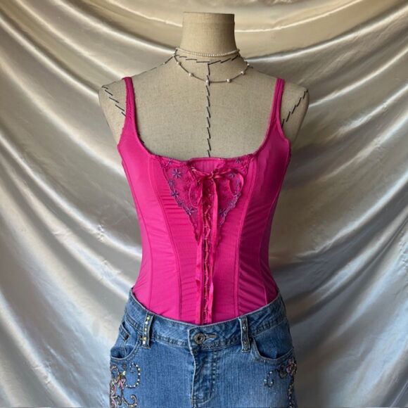 Rene Rofe Corset Bustier Top Hot Pink Faux Lace Up Purple Lace Trim - Picture 1 of 6